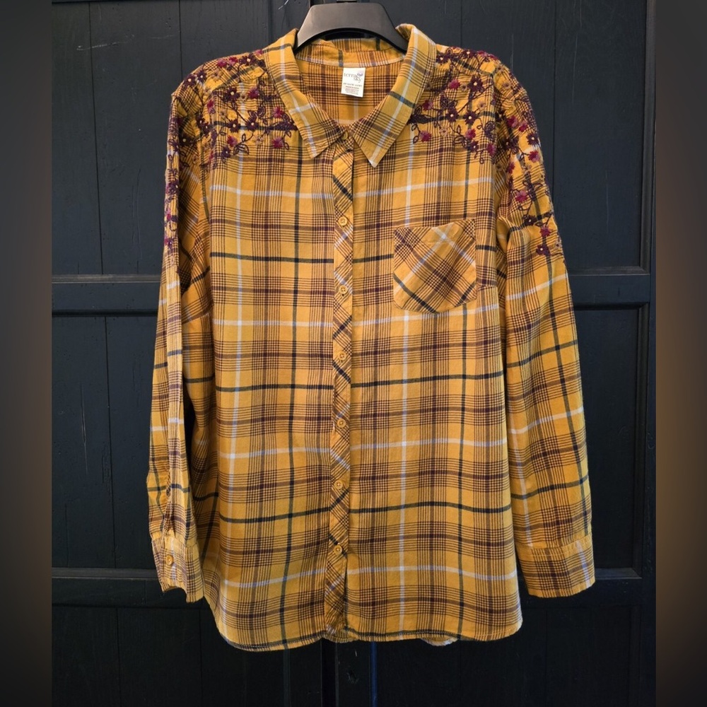 Terra & Sky Golden Yellow Plaid Long Sleeve Top Floral Embroidered Shoulders